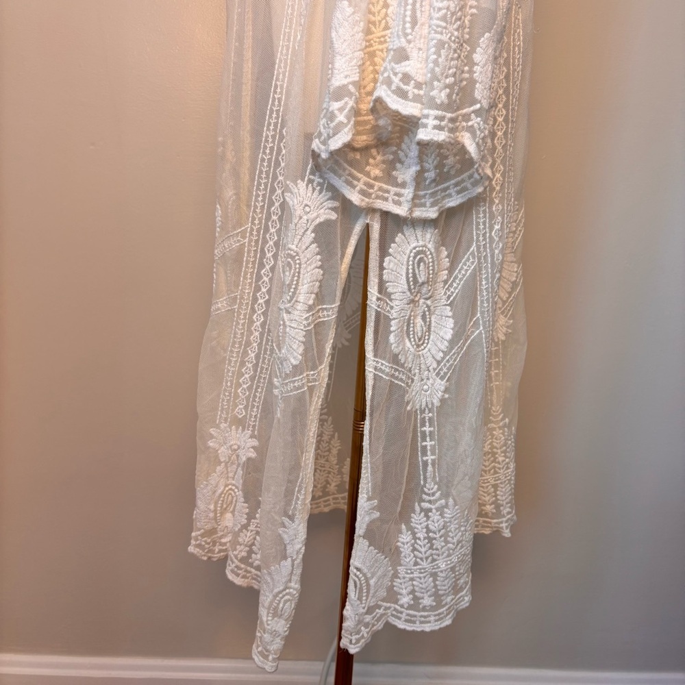 Artesian Boho Shear White Embroidered Lace Maxi Kimono 3/4 Flair Sleeve Sz XL - Picture 6 of 14
